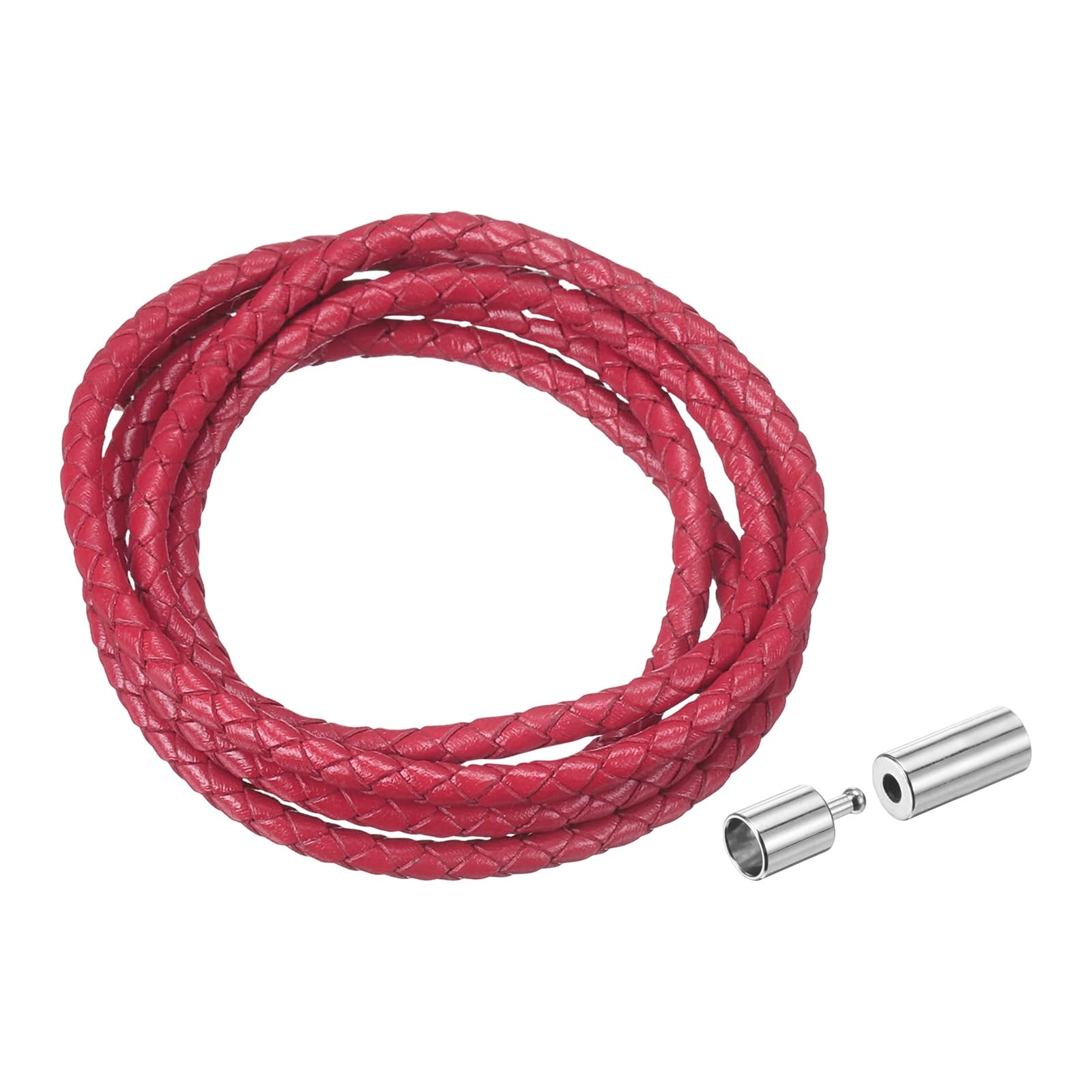 sourcing map Braided Genuine Leather Cord, 4mm 1.1 Yard Round Braiding String with Buttons, Leather Bolo Tie Cord for Crafting, Jewelry Making, Bracelets, Home Decoration, Rose Red — image 1