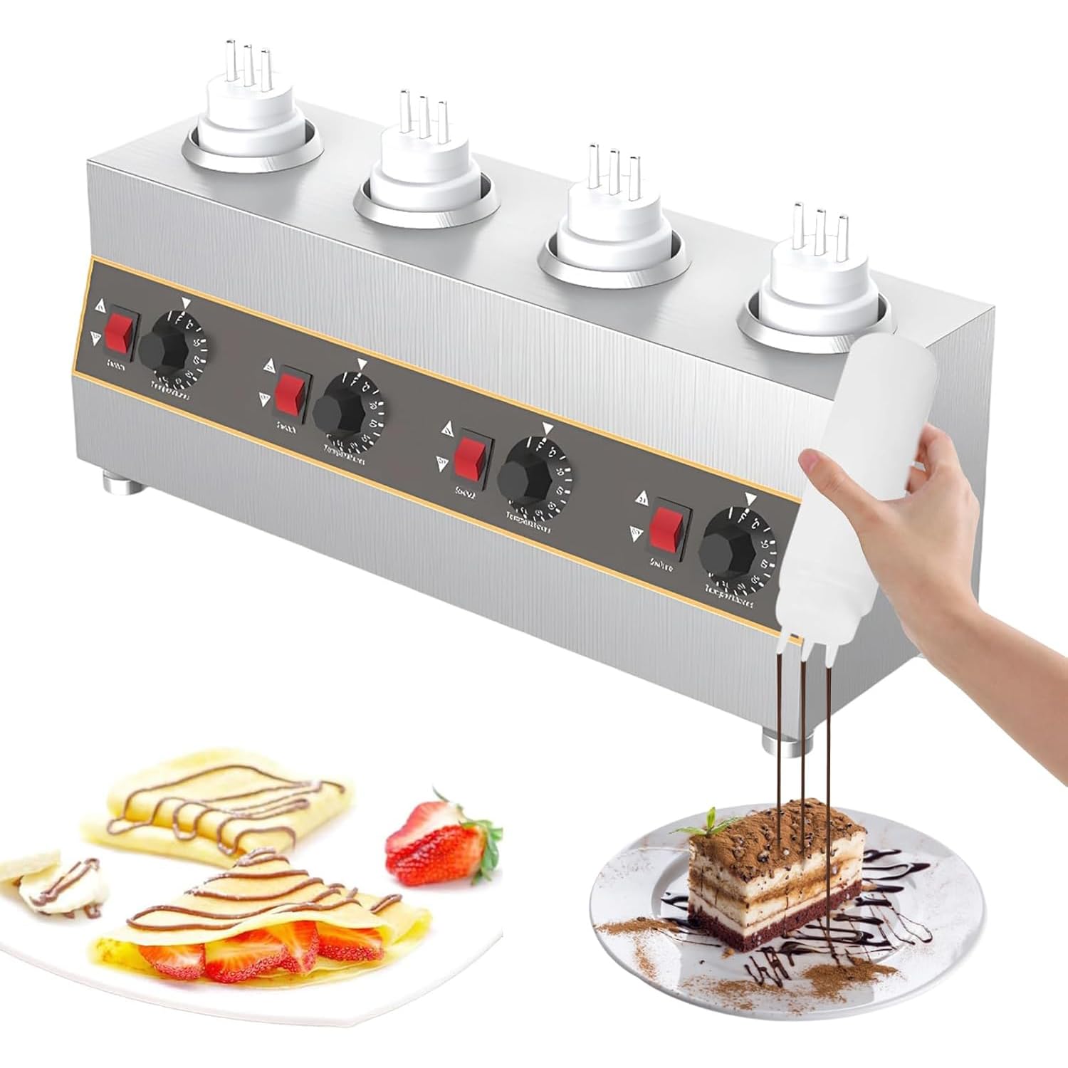 Kacbfee Electric Cheese & Chocolate Sauce Warmer, Adjustable 30-85℃ Food Dispenser For Ketchup, Caramel, Fudge, Commercial Use Ideal For Events & Catering 4 Bottles