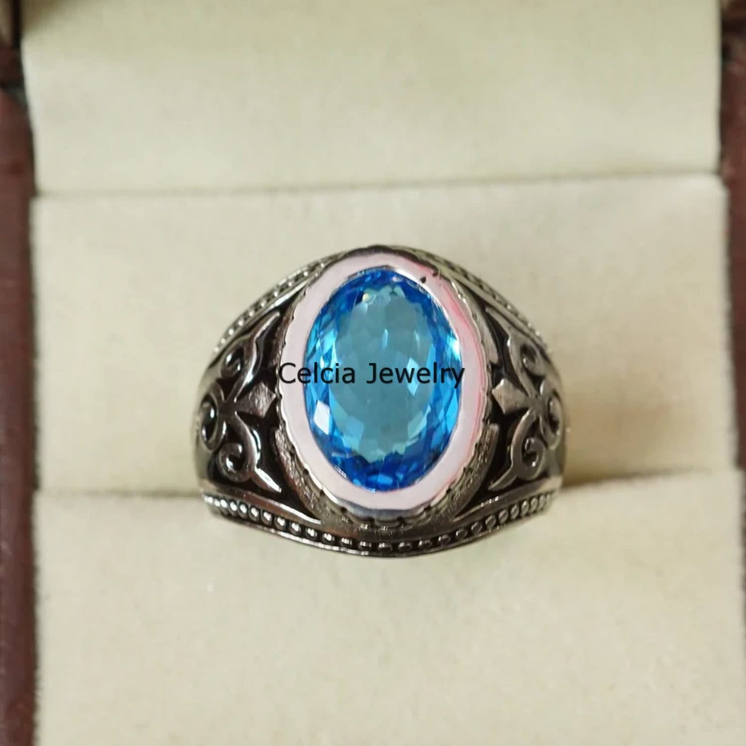 Anillo de sello de plata esterlina 925 sólida para hombres, piedra preciosa ovalada de topacio azul genuino, regalo único hecho a mano de piedra natal de noviembre para él