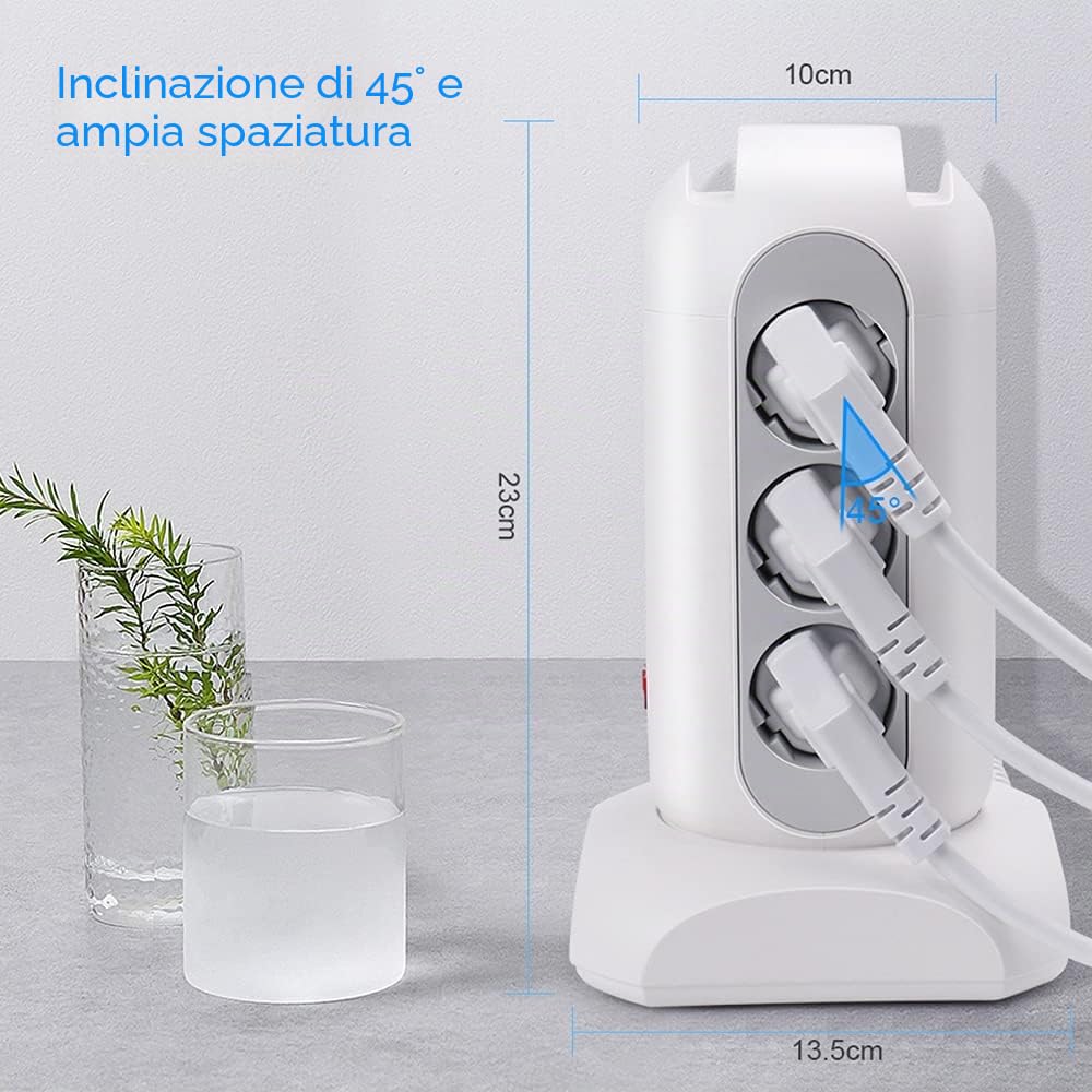 FDTEK Ciabatta Multipresa Verticale Torretta Multipresa da Scrivania con 3 USB-A & 1 Tipo-C e 9 Spina Tedesca, Prese Multiple Elettriche con Interruttore, Cavo Retrattile da 1,65 mt,Bianco 2500W/10A