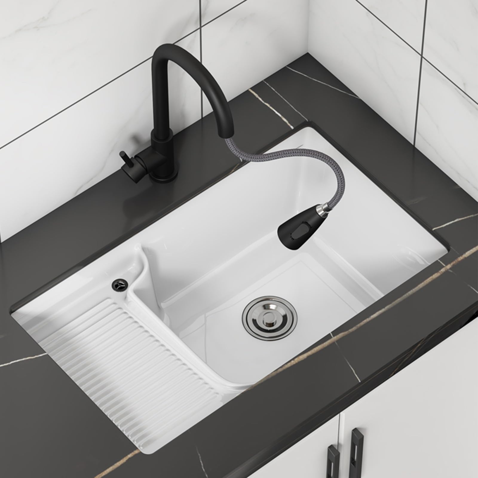 Ceramic laundry sink with washboard，white rectangular