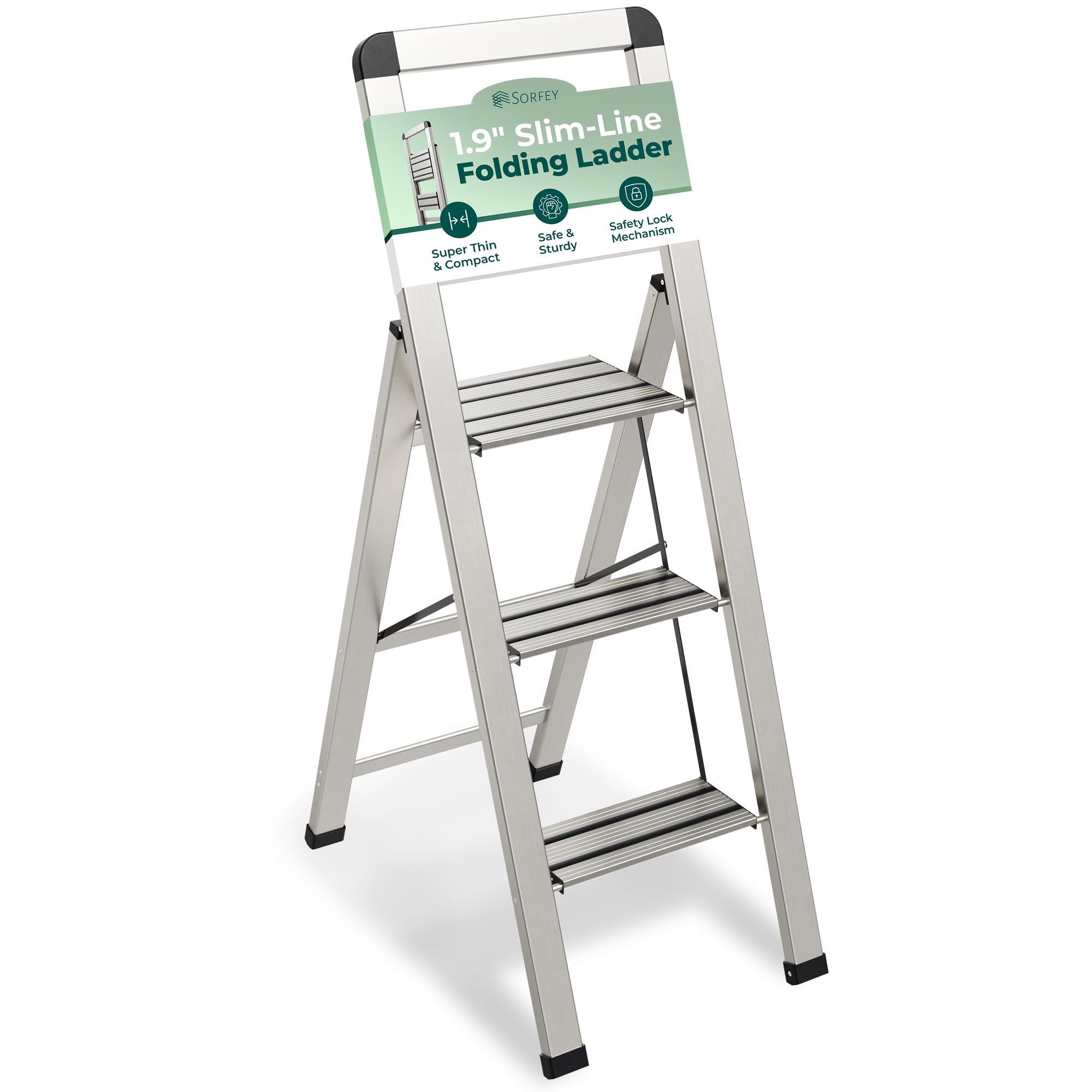 Step Ladder 3 Step Folding, Decorative - Modern Beautiful Silver Aluminum,Lock Mechanism, Ultra Slim Profile, Anti Slip Steps, Sturdy-Portable for
