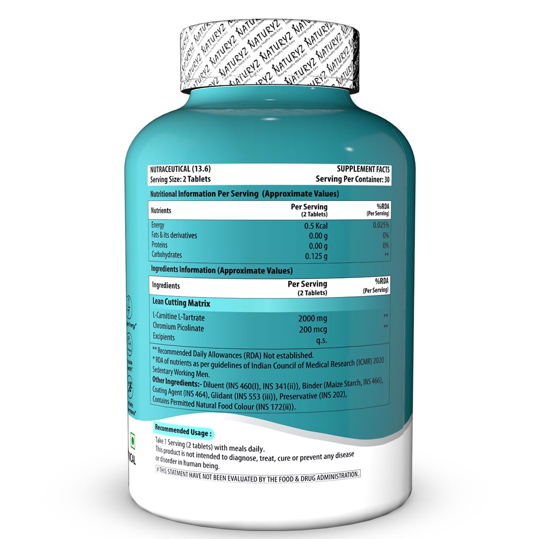 NATURYZ Triple Strength L-Carnitine L-Tartrate 2000MG Converts Fat into Energy | Cellular Energy & Endurance | Athletic Performance | Cutting Supplement - 60 Tablets