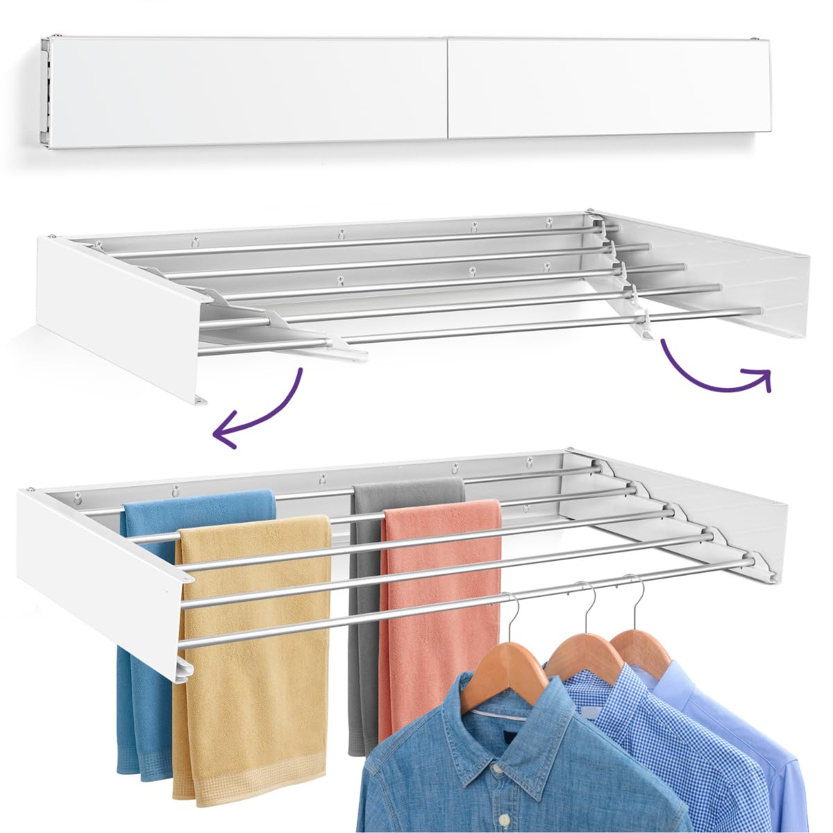 Tendedero Extensible de Pared 100cm Antioxidante - Invisible y Plegable con 5 Tubos de Aluminio, Extensible 9.5-50cm, Instalación en Pared Interior o Exterior, Instala sin Dificultad