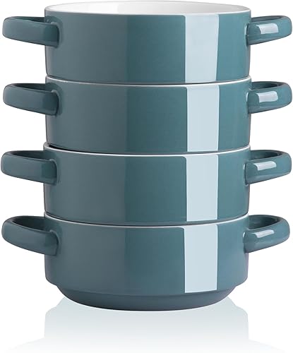 Miniatura 1 de SWEEJAR - Cuenco de cerámica con asas dobles, 20 onzas apiladas para sopa de cebolla francesa, cereales, guiso, frío, pasta, juego de 4