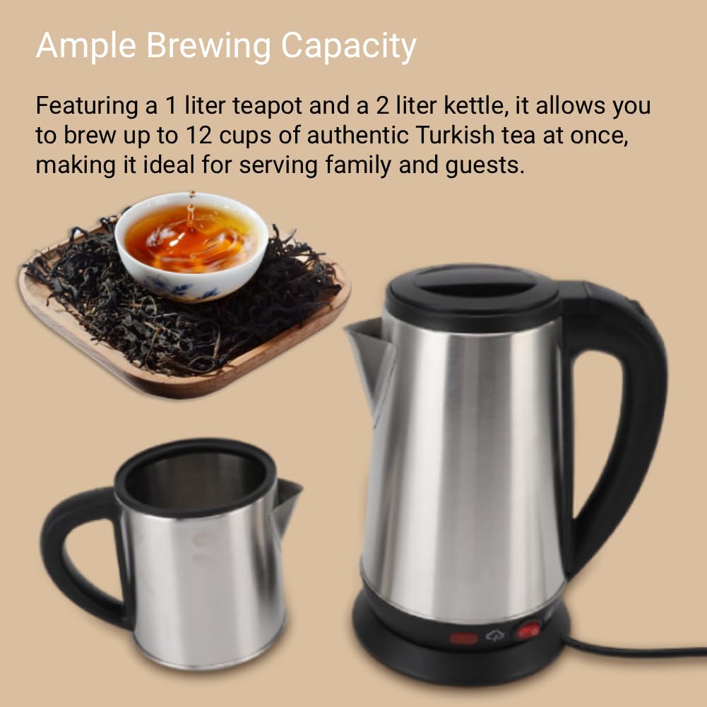 ASHATA Set de Tetera Turca de Acero Inoxidable, Tetera Turca con Infusor y Tapa, 1L y 2L Creador de té de té, Parte de Calefacción Oculta, hasta 12 Tazas, para Casa (Enchufe de la UE 220V)