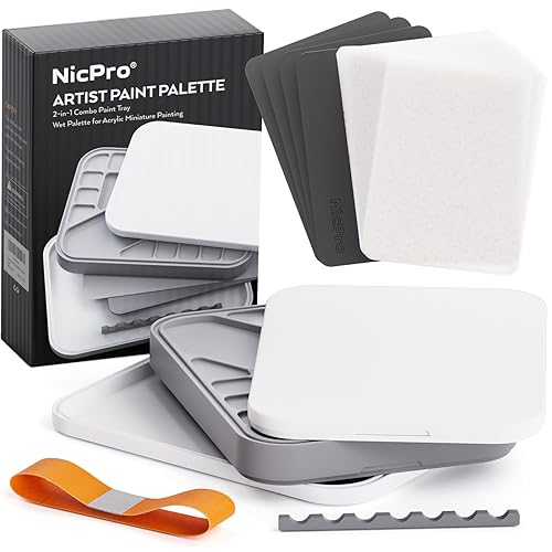 Nicpro Stay Wet Palette for Painting Miniature, Acrylic Paint Palette Tray with Lid, 100PCS Wet Pallet Paper, 4PCS Sponge, Brush Holder Paint Mixing Saver Palette for 40K Miniature Model Paint - White