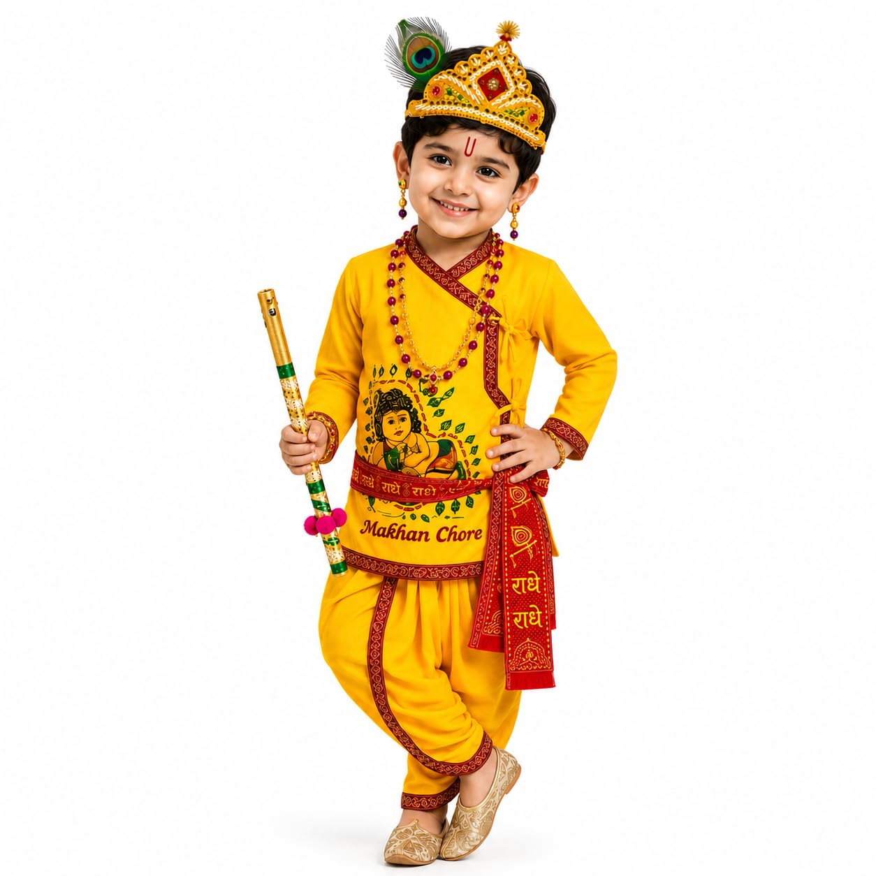 Kids Boys Kanha Ji Costume Set | Krishna Fancy Dress for Janmashtami | Makhan Chor Printed Kurta Dhoti with Mukut, Mor Pankh, Bansuri, Mala & Radhe Radhe Patka-image-47