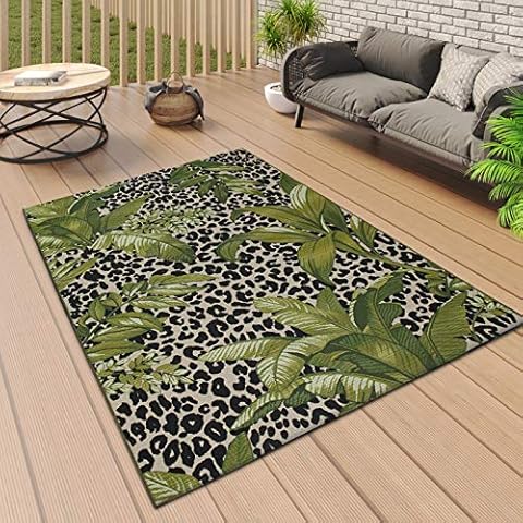 Outdoor Rug Tropical Animal Print Decking Garden Patio Terrace Balcony Large XL Small Floral Flatweave Mat (Leopard + Palm, 120x170cm (4'x5'6")) Cover