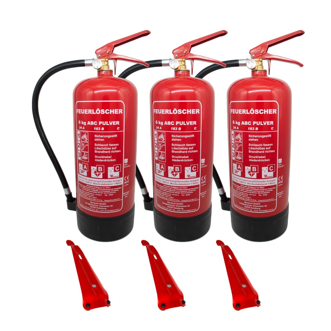 3 x 6kg Pulverlöscher, Feuerlöscher, Autolöscher, ABC Pulver, Pulver Feuerlöscher inkl. Halterung und Prüfschild