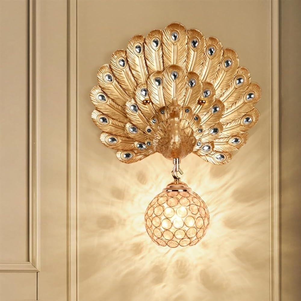 MYUYEE Peacock Wall Light With Crystal Globe Shade Blue Peacock Wall Sconce Light Luxury Peacock Wall Lamp