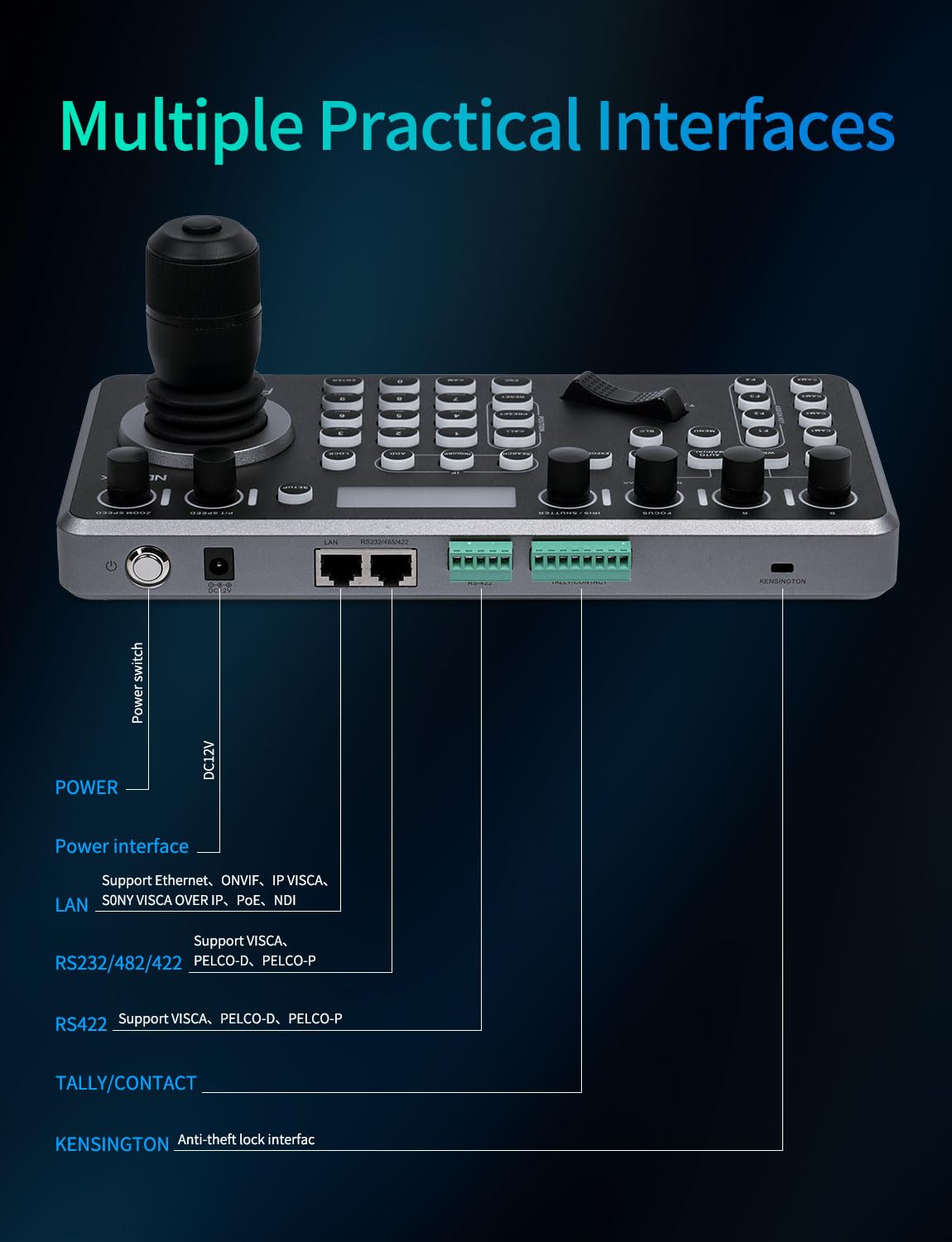 FEELWORLD KBC20N NDI PTZ Camera Joystick Controller, Schermo LCD 4D Joystick Controllo Tastiera Supporto NDI PoE VISCA Pelco-D/P RS422 RS485 RS232 RJ45 per Chiesa Live, Eventi, Live Streaming