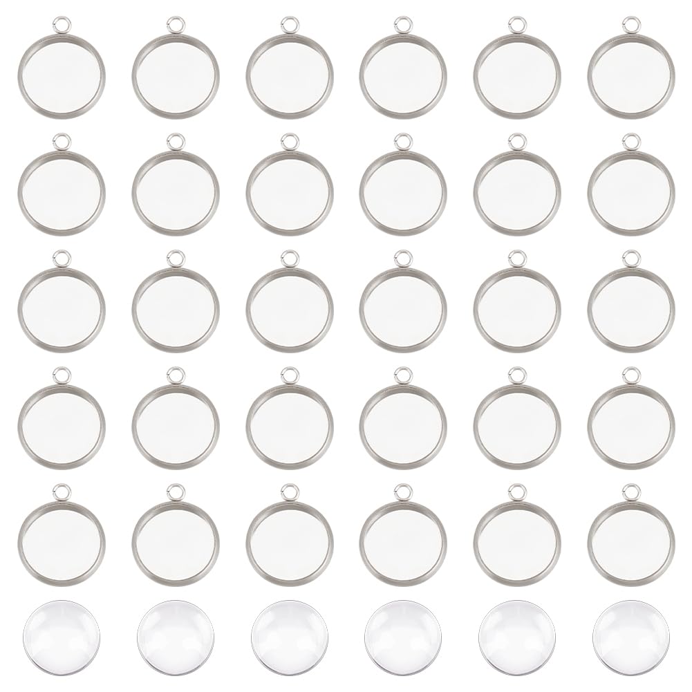 About 50 Sets 12mm Flat Round Tray Pendants Making Kits 304 Stainless Steel Pendant Blank Bezel Charm Cabochon Settings and Clear Glass Cabochon for Women Necklaces Jewelry Making