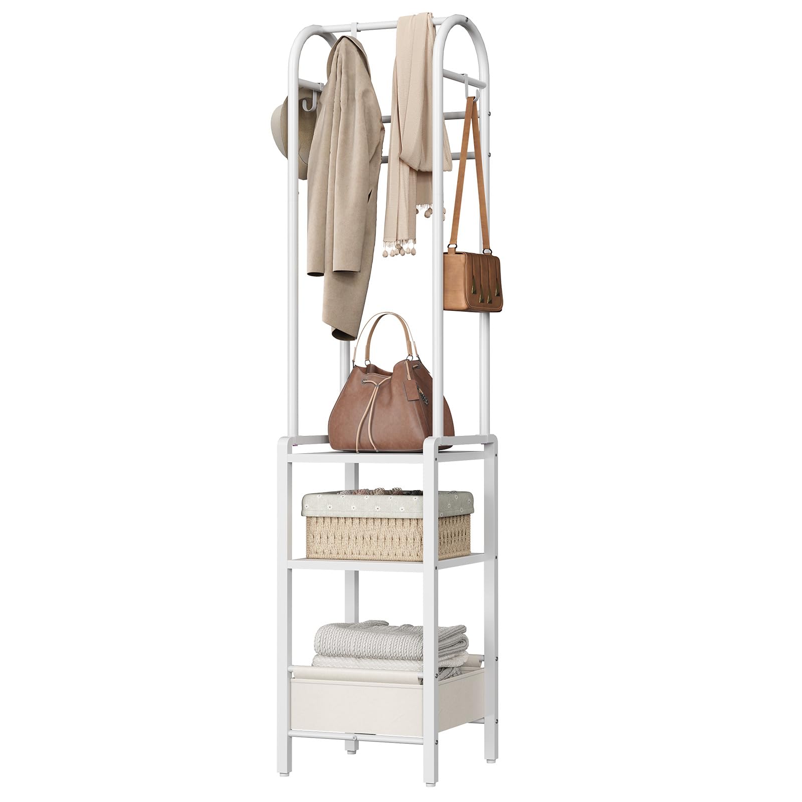 HOOBRO Portant à Vêtements sur Pied, 40 x 30 x 180,5 cm, avec 2 Étagères de Rangement, 1 Panier en Tissu, 3 Crochets Mobiles et 2 Barres à Vêtements, pour Vestibule, Salon, Couloir, Blanc EWW03YM01