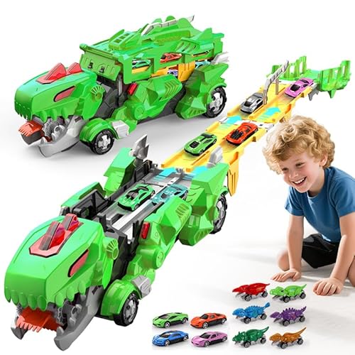 おもちゃの車 恐竜収納トランスポーター 1台の緑い大型キャリアトラック、レーシングカー4台と合金製恐竜カー6台セット 知育玩具 2歳、3歳、4歳、5歳、6歳向け 誕生日 クリスマス プレゼント