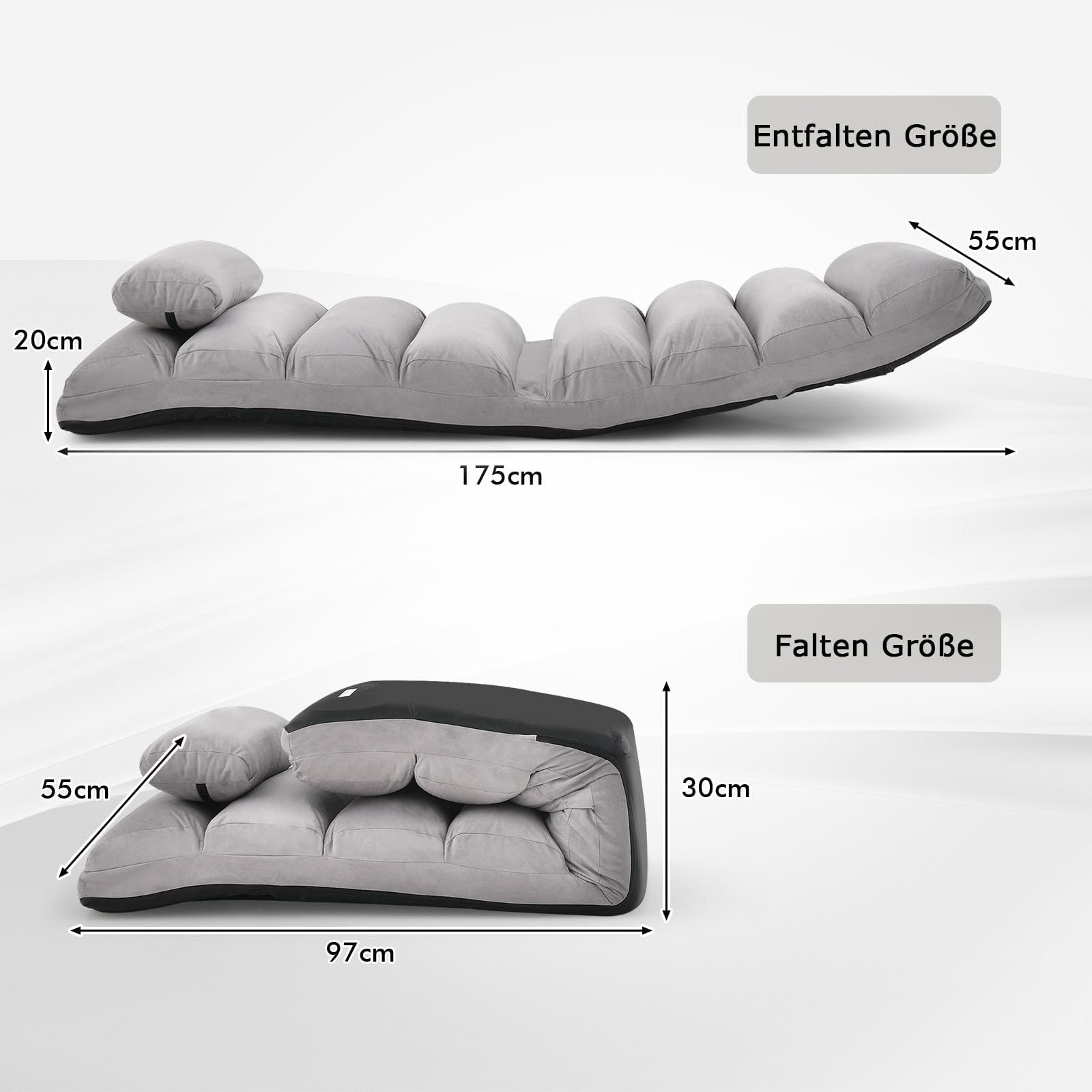 FANTASK Sedia a sdraio pieghevole da pavimento con schienale regolabile, sedia da pavimento con funzione di sonno, divano da pavimento, poltrona da pavimento, per gaming, dormire, lettura, grigio,