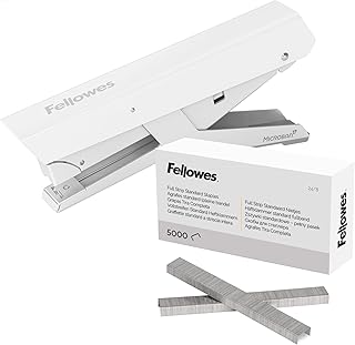 Fellowes Grapadora de tenaza LX890 capacidad para 40 hojas, con protección antibacteriana, color blanco + Grapas de 26/6mm para grapadoras de carga completa, caja de 5.000 grapas, color plateado