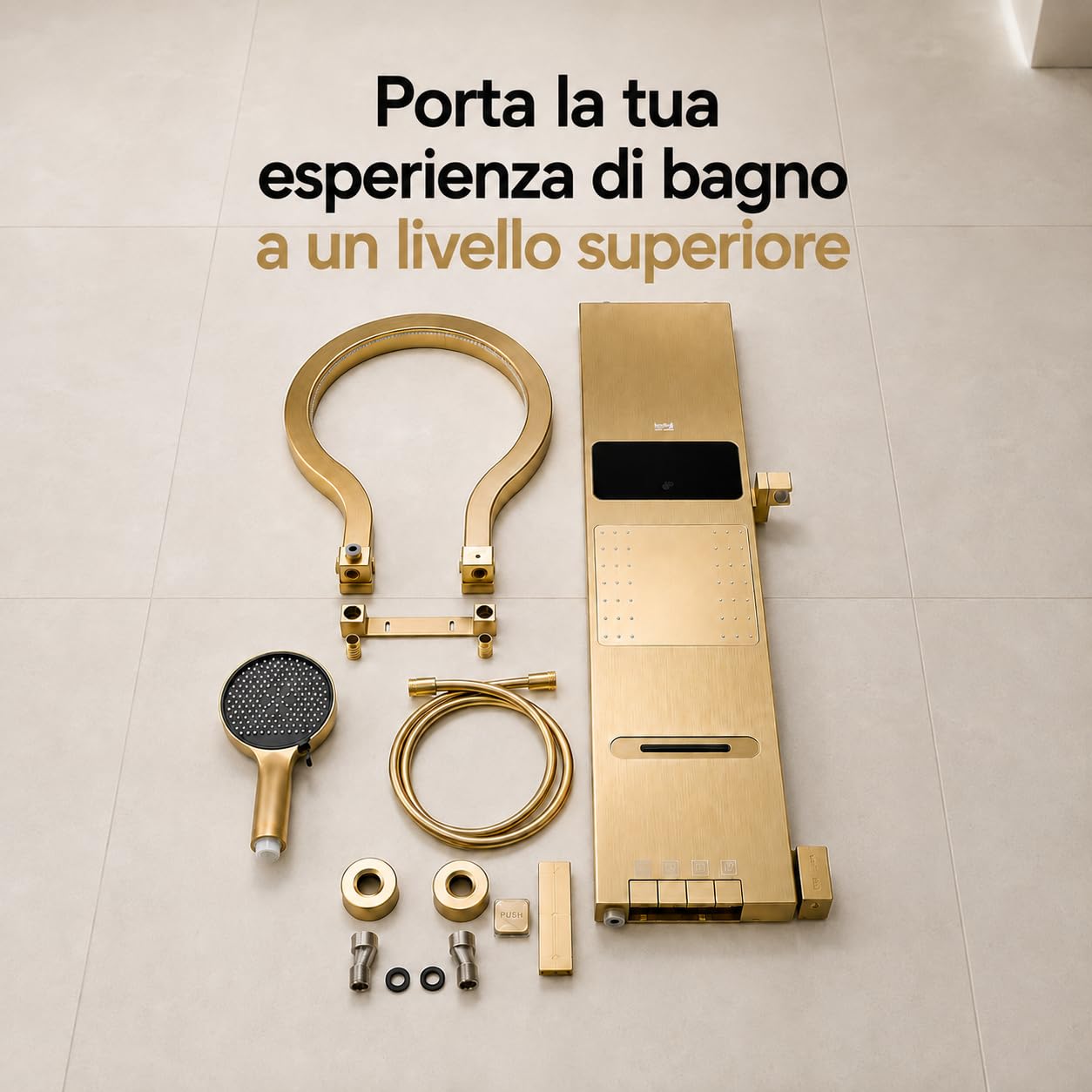 INEX EUROPA Pannello doccia termostatico di lusso color oro - Colonna doccia idromassaggio con 10 anni di garanzia e 4 modalità di funzionamento - Torre doccia alta 105 cm, collezione Daytona