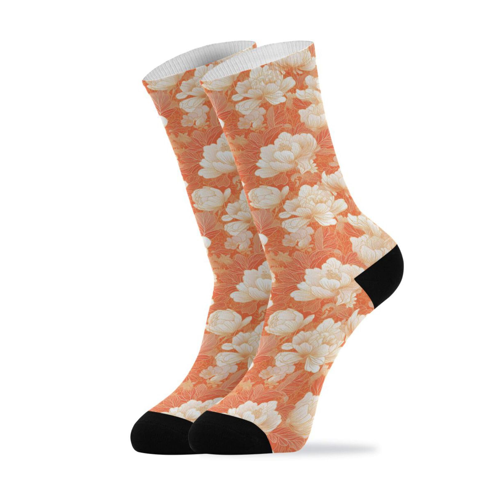 famyily Chinese Style Floral Peach Gold soft crew socks running casual wicking womens crew socks (2-Pair)