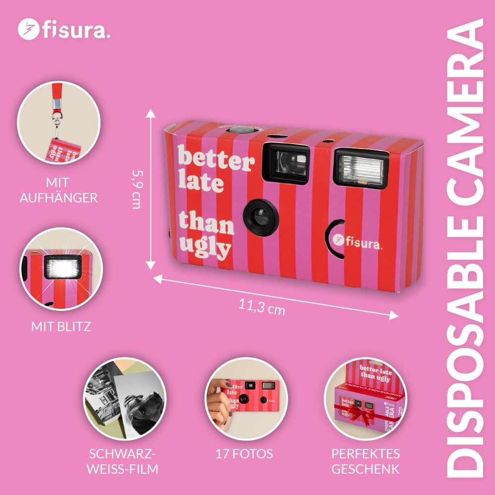 Fisura – Originale einwegkamera Better Late. Einwegkamera mit Blitz. 17 Aufnahmen in schwarzweiß. Haken enthalten. Ideal für Hochzeiten oder Partys.