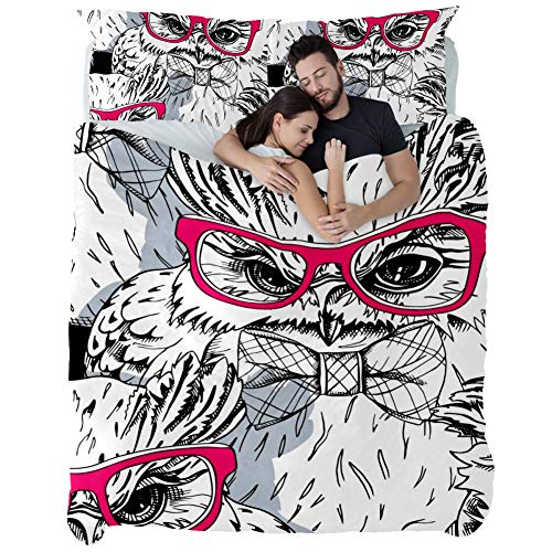MAPOLO Bed Set 3pcs Sheet Set (1 Cover 2 Pillowcases) with Zipper Closure & Foot Strap with Owl with Glasses-King