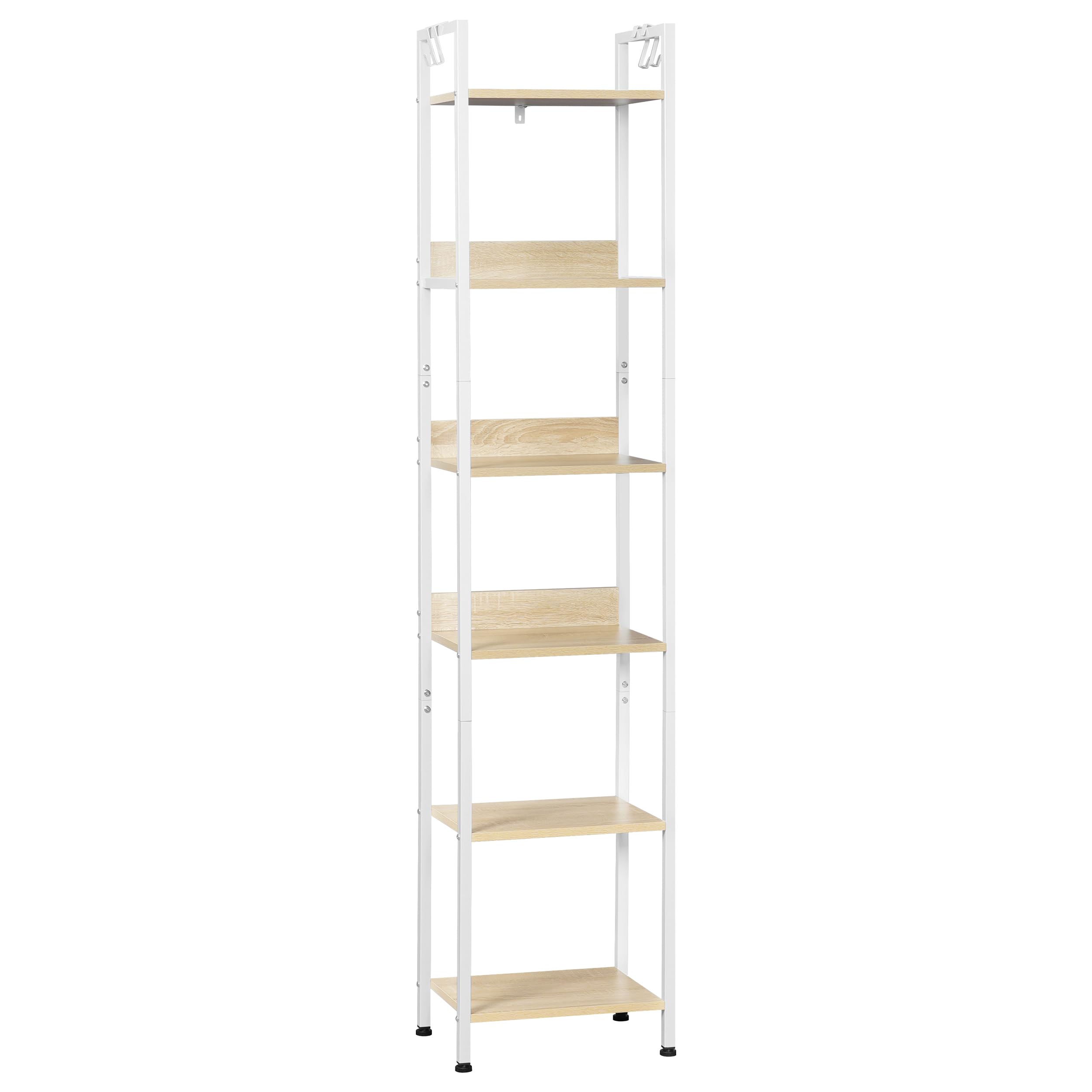 WOLTU Escalera Estantería de Almacenaje, Librería | de Madera y Metal con 4 Ganchos Extraíbles, de 6 Niveles, para Salón, de Estilo Industrial, Blanca, 40x30x187 cm