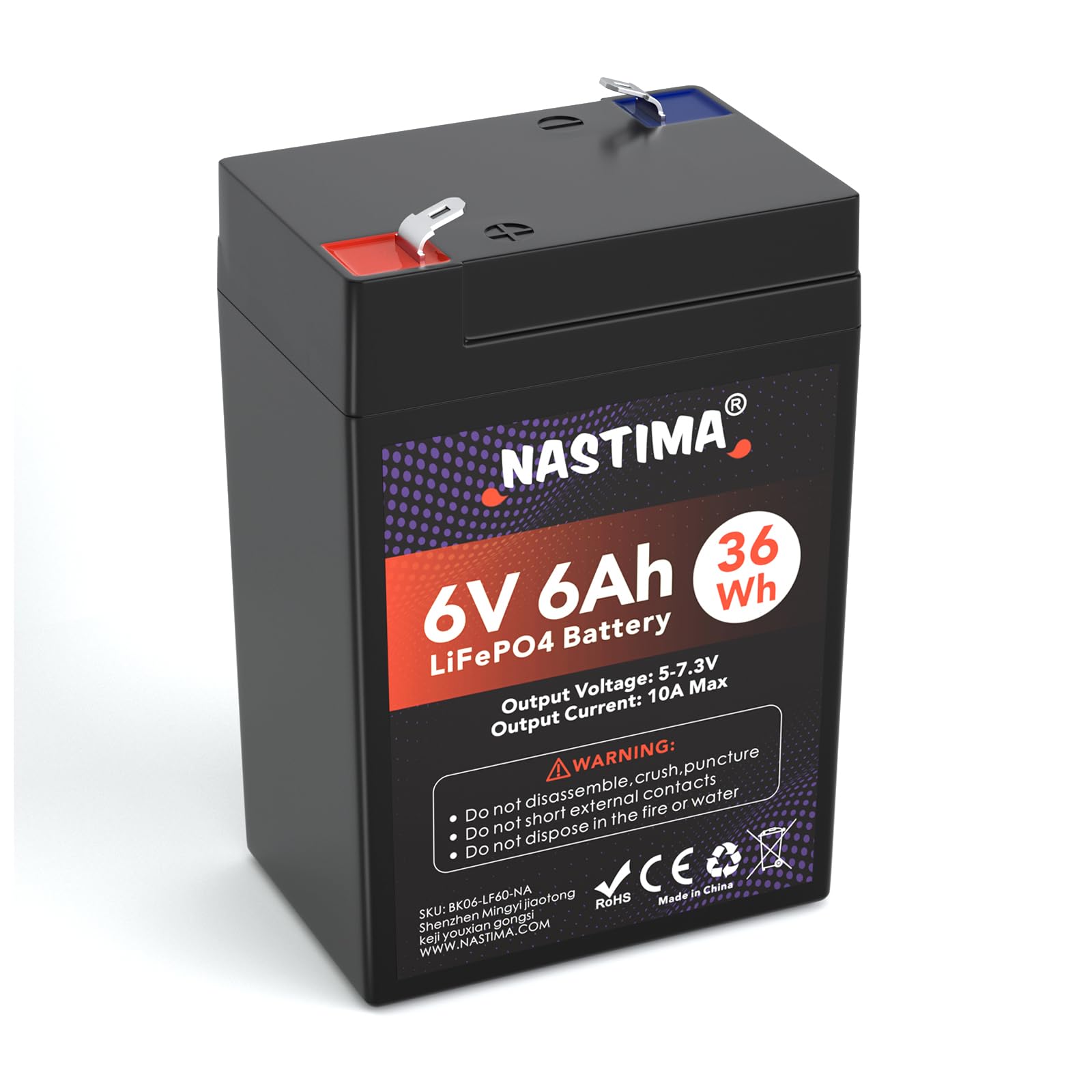NASTIMA 6V 6Ah LiFePO4 Rechargeable Battery With BMS Protection and 2000 Deep Cycle, Suitable for Emergency Power Lighting, Surveillance Cameras, Children's Toy Cars, Motor Boats, Camping