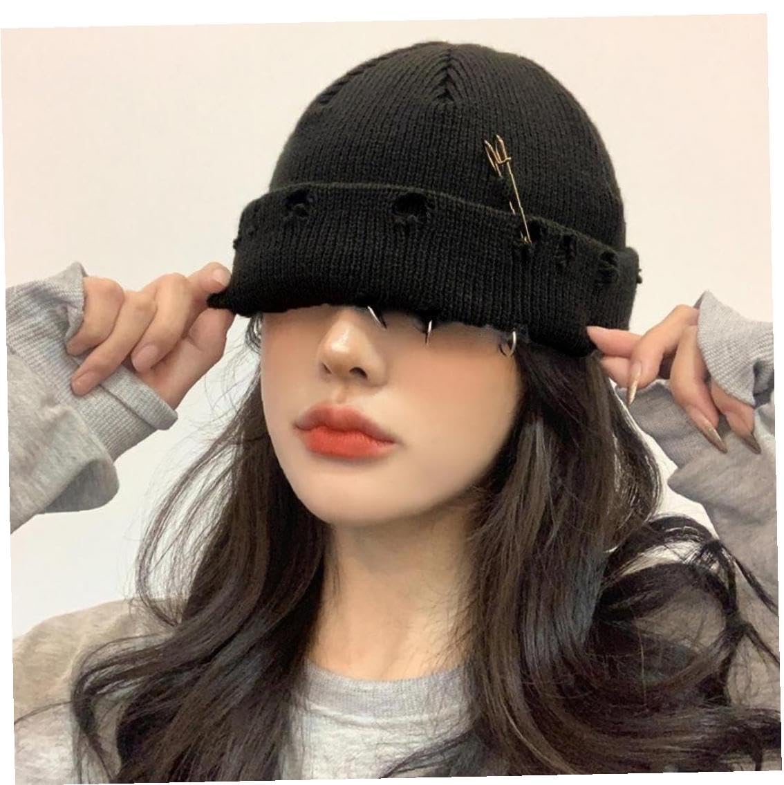 Amazon.co.jp: ゴシック ビーニー 冬 ニット帽 トレンディ メタルピン