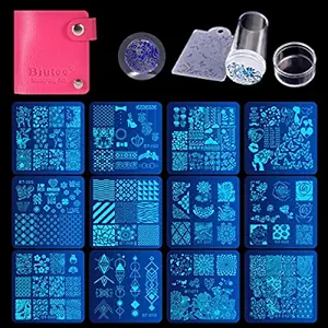 Biutee Nail Stamping Plates Set 12pcs Nail Plates 1stamper 1scraper 1storage bag Nail plate Template Image Plate Stencil Nails Tool (C)