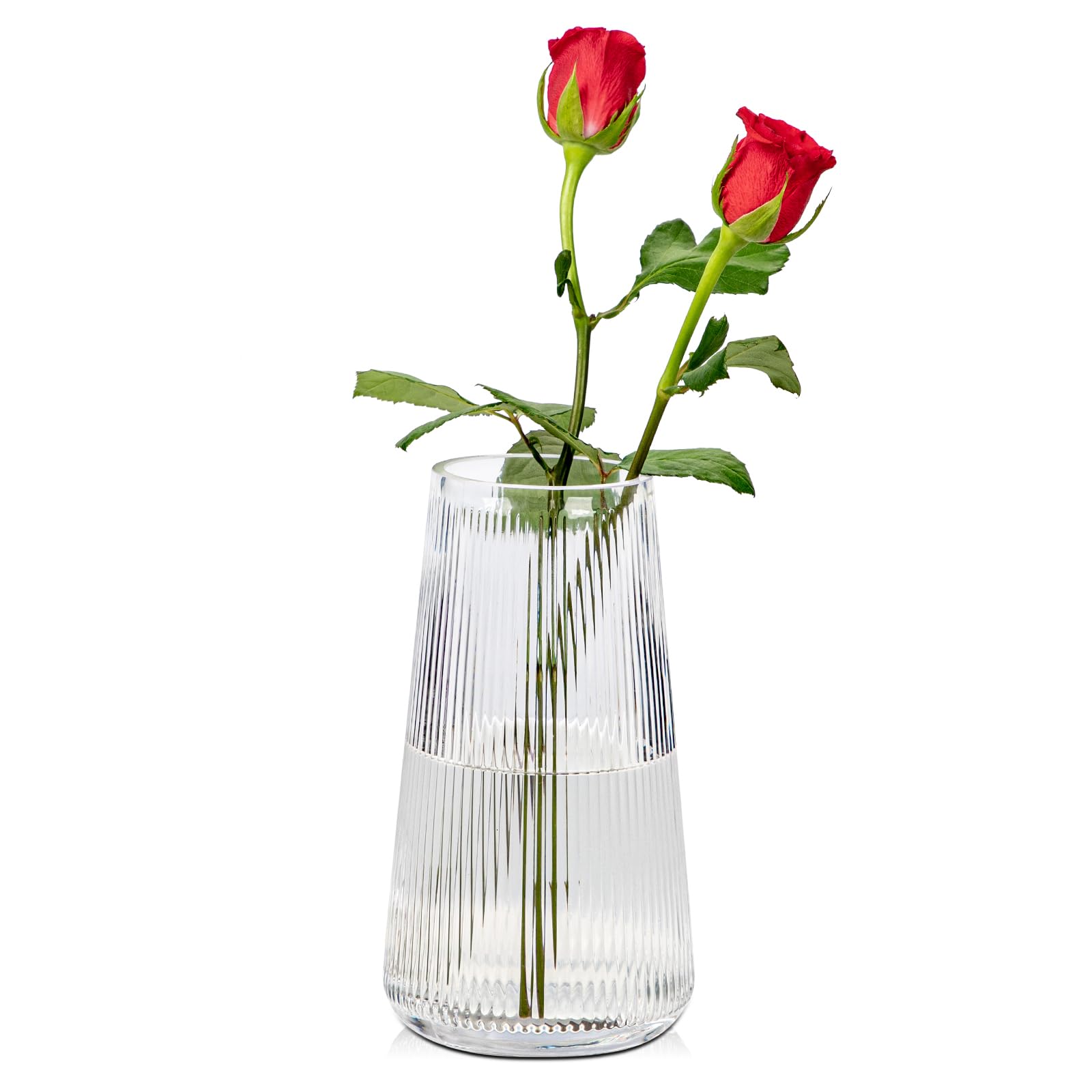 Briful 20cm Tall Glass Vase for Flowers, Decorative Flower Vases - Grooved Glass Vase Ins Style Clear Vases Table Decoration for Wedding, Office, Living Room Decor