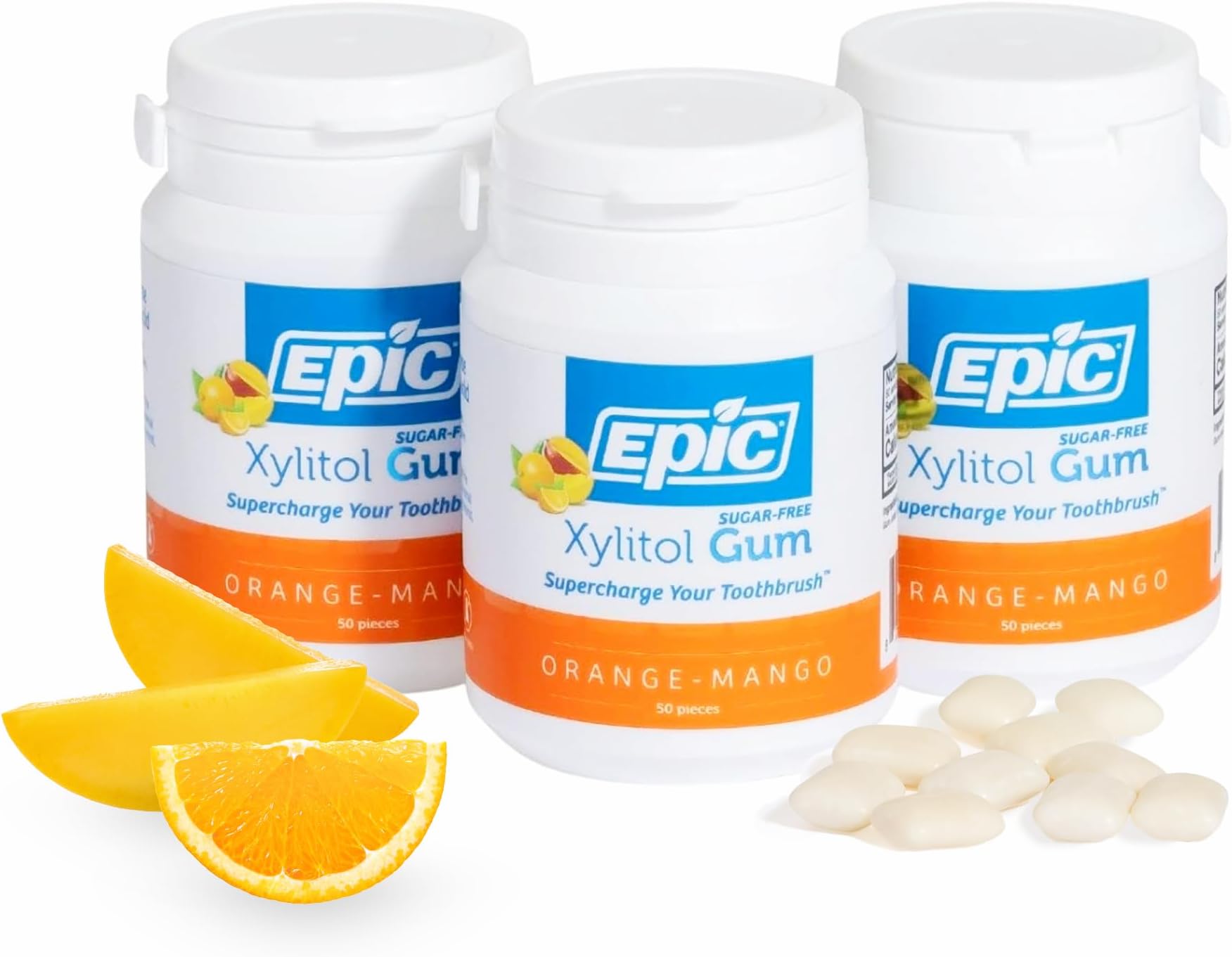 Epic 100% Xylitol Orange Mango Chewing Gum - Sugar Free, Aspartame Free Dental Gum - Supports Oral Health & Fresh Breath - 50 Pieces (Pack of 3)