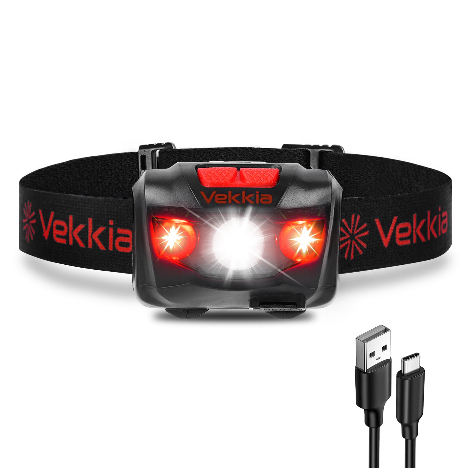 Vekkia LED Headlamp Rechargeable - 5 Lighting Modes,White & Red LEDs Head Lamp, Camping Accessories Gear. IPX4 Waterproof Headlight for Running,