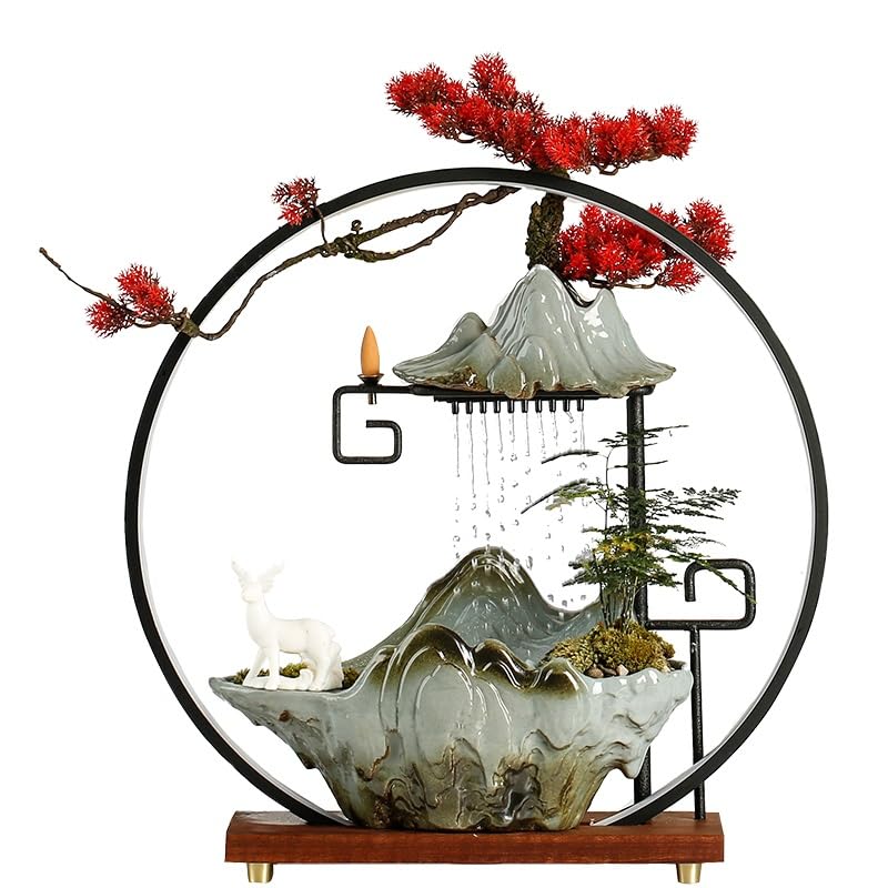 Fuente decorativa de jardín, fuente de agua con cascada, de cerámica, con iluminación LED, función humidificadora, quemador de incienso, Feng Shui Zen, decoración para salón, dormitorio, oficina