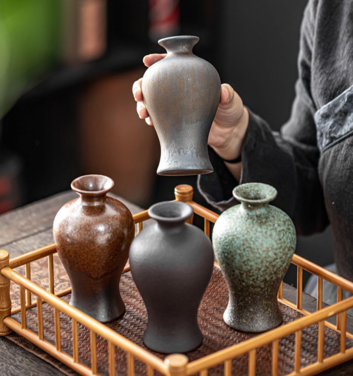 Amazon.com: (美人瓶-鎏金铁釉) 中式粗陶花瓶复古桌面花器陶瓷水培小花 