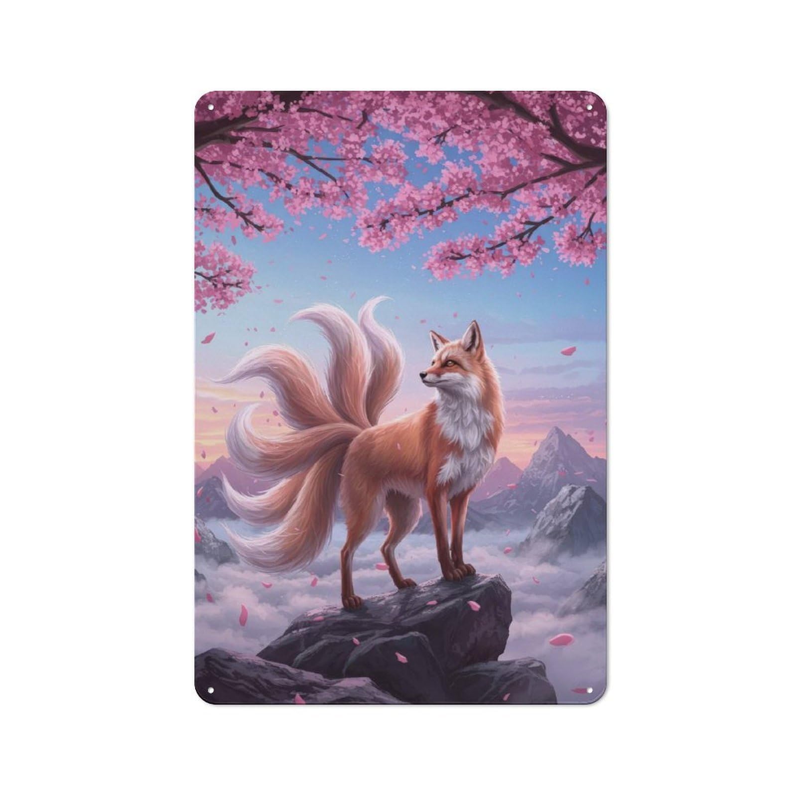 Junmoney Style-11 Smart Office Metal Sign 30X20cm Featuring Nine-Tailed Fox Under Cherry Blossoms, Study Room Decor For Workspace, Cafe, Shop Or Desk Area