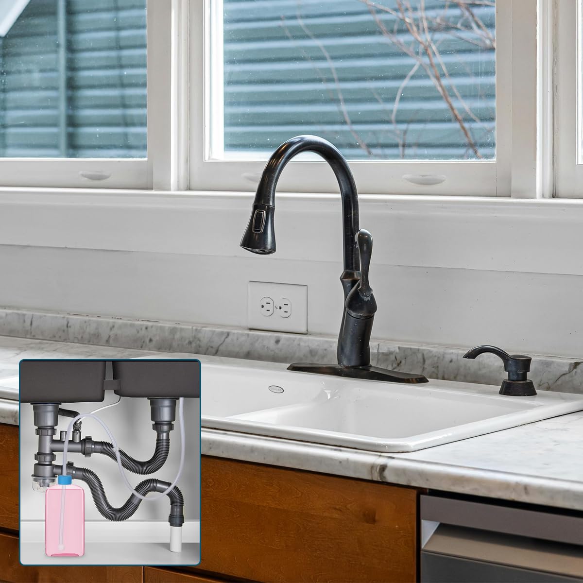 Kit de tubo de extensión para dispensador de jabón con válvula de retención mejorada, tubo dispensador de jabón debajo de la encimera de 1 m para fregadero de cocina, nunca vuelvas a llenar la pequeña