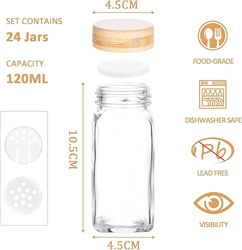 Miniatura 2 de Akoatail 24 tarros de especias con etiquetas tarros cuadrados de vidrio de 4 onzas con tapas herméticas de bambú y tapas de coctelera recipientes de