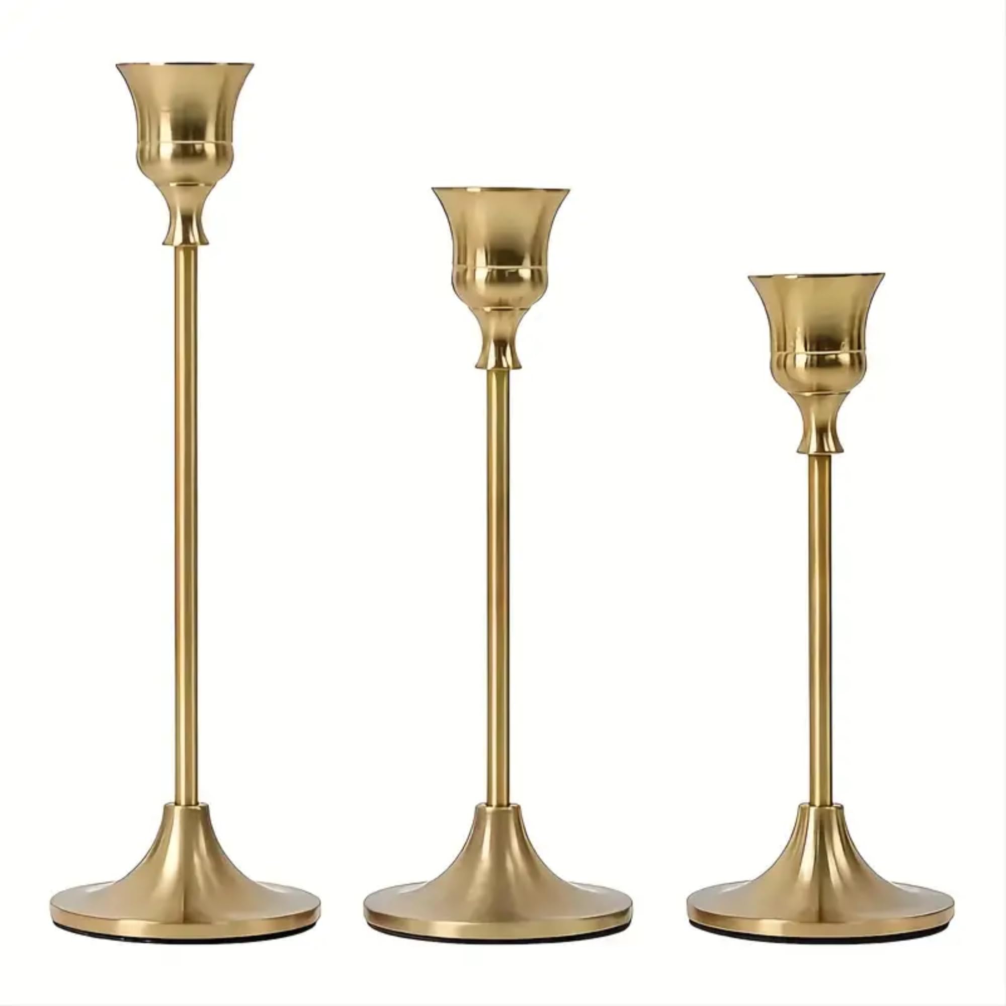 Silk Flower Warehouse Gold Crushed Effect Set Of 3 Gold Taper Candle Holders In Varying Heights - Stylish Brass Decorative Candlestick Holder Perfect For Weddings, Home Decor, Dinners, And Special Occasions - Ideal For 2-4 Inch Candles