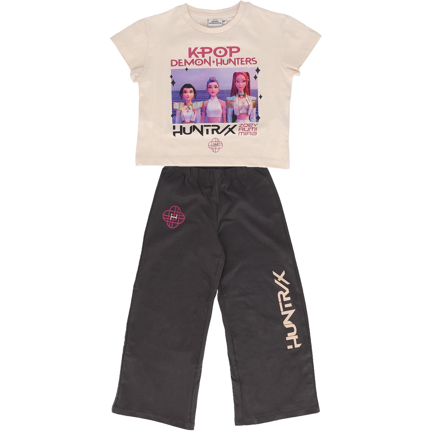 SAHINLER créateur d'univers K-Pop Demon Hunters - Ensemble Pyjama Enfant Huntrix K-Pop Demon Hunters - 100% Coton - Jersey Doux 160 GSM - Beige et Noir