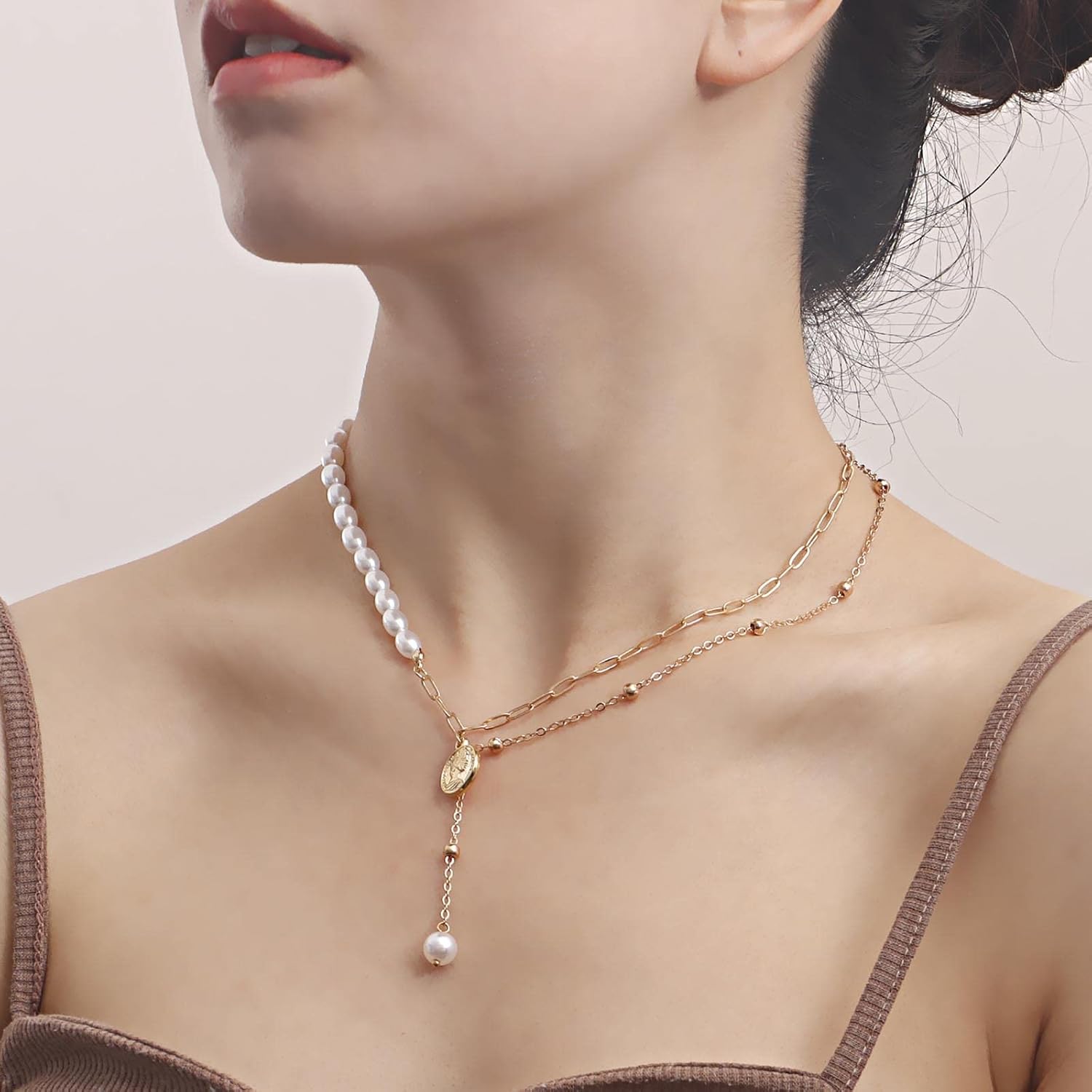 Boho Layered Pearl Coin Choker Necklace Pearl Y Lariat Necklace Gold Medallion Pendant Necklace Short Paperclip Chain Necklace Jewelry for Women - Image 5