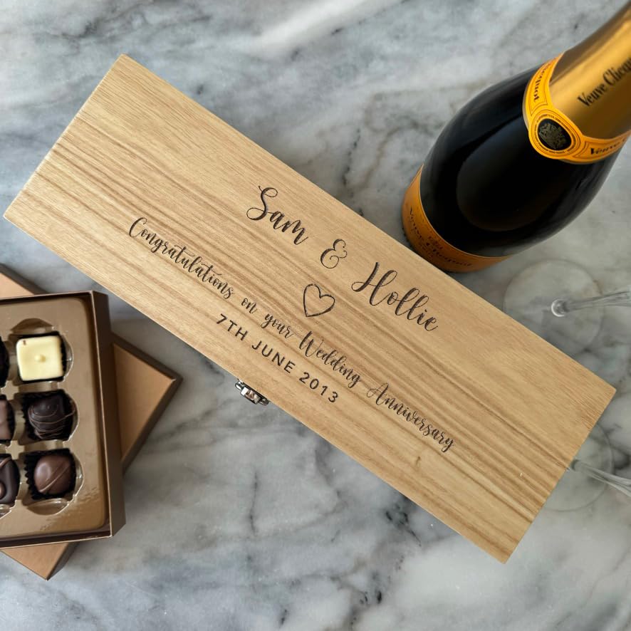 NOT JUST A PRINT Personalised Wooden Champagne Gift Box – Fits Standard Bottles – Custom Engraved Keepsake for Wedding & Corporate Gifts