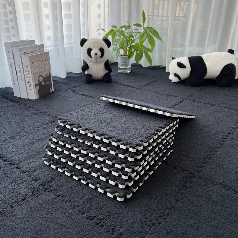 10 Pack Interlocking Plush Foam Floor Mats, Soft Flannel Puzzle Tiles for Kids Crawling, For Easy DIY Rug Pieces, Washable Carpet Tiles for Bedroom Nursery Playroom(Black)
