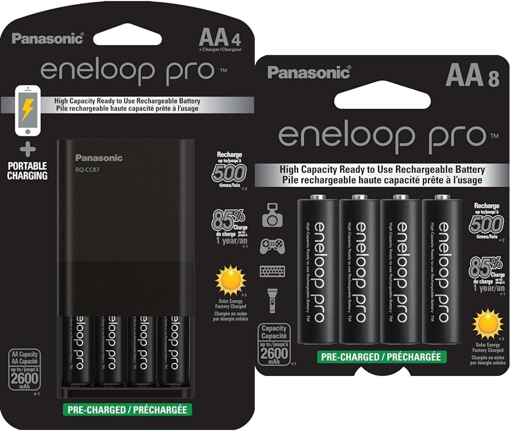 Panasonic K-KJ87KHA4BA Charger with 4AA eneloop pro 2600mAh Rechargeable Batteries and 8-Pack eneloop pro AA 2500mAh Rechargeable Batteries