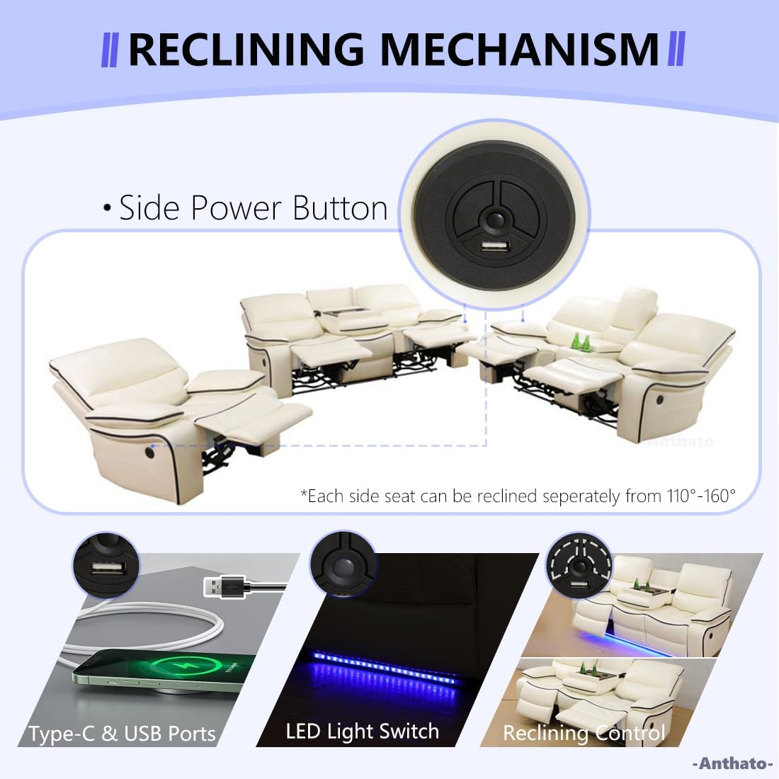 Leather Power Recliner Sofa Set, Modern Reclining Sofa for Living Room Furniture Set, Breathing Leather Reclining Couch with Cup Holders/Drop Down Table for Living Room, 3 Seater,Cream White#2