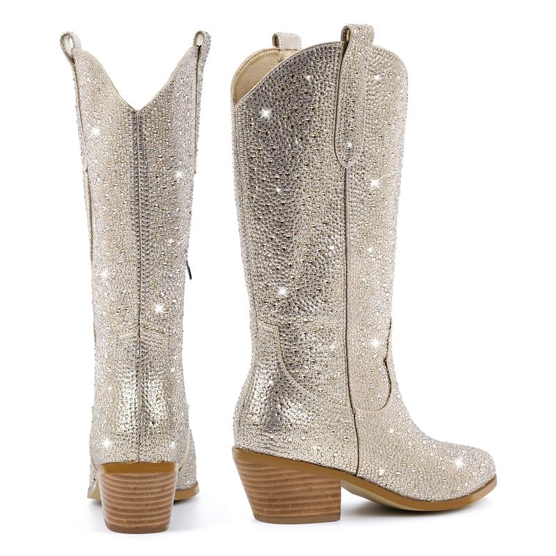 Image of Richealnana Sparkly Rhinestones Cowboy Cowgirl Style Boots Calf High Boots for Women 2INCH Heeled Shining Pull On Tabs