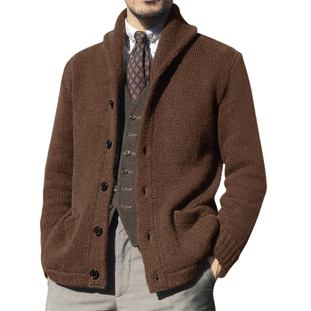 Wekumgy Mens Shawl Collar Cardigan Sweater Button Down Ribbed Knit Sweaters Chunky Casual Cardigan with Pockets Coffee