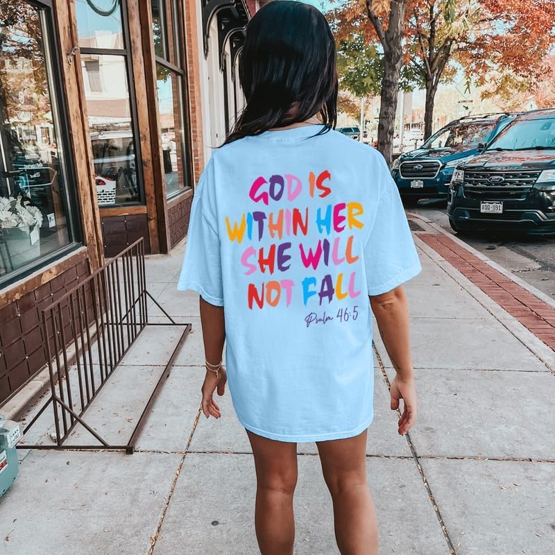 Oversized Christian Tshirts for Women God is Within Her Tops Jesus Faith Shirts Bible Verse Inspirational Graphic Tees - Image 4