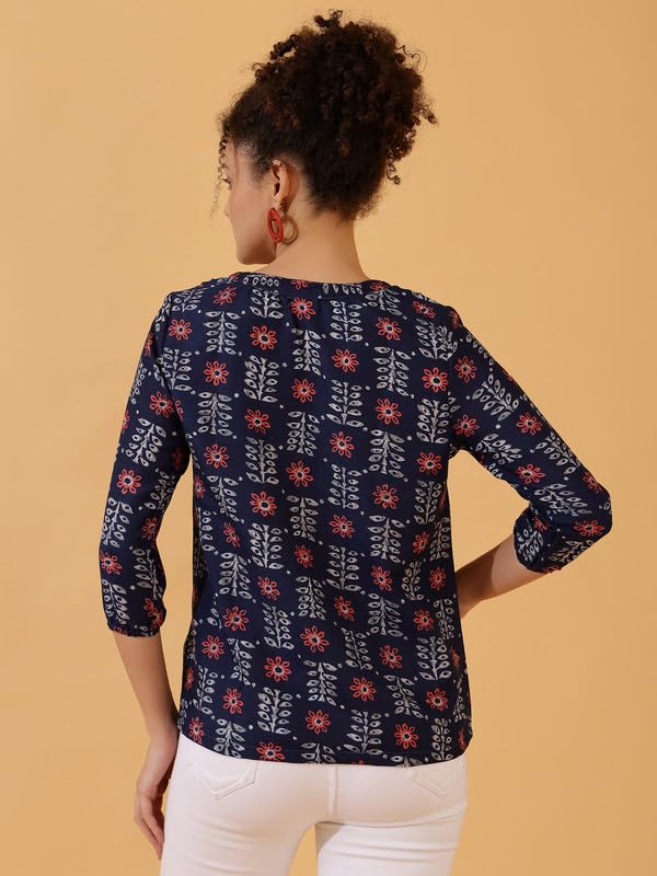 Image of Women's Cotton Printed Kurta Top | 3 /4 Sleeve Straight Kurti Casual Outings