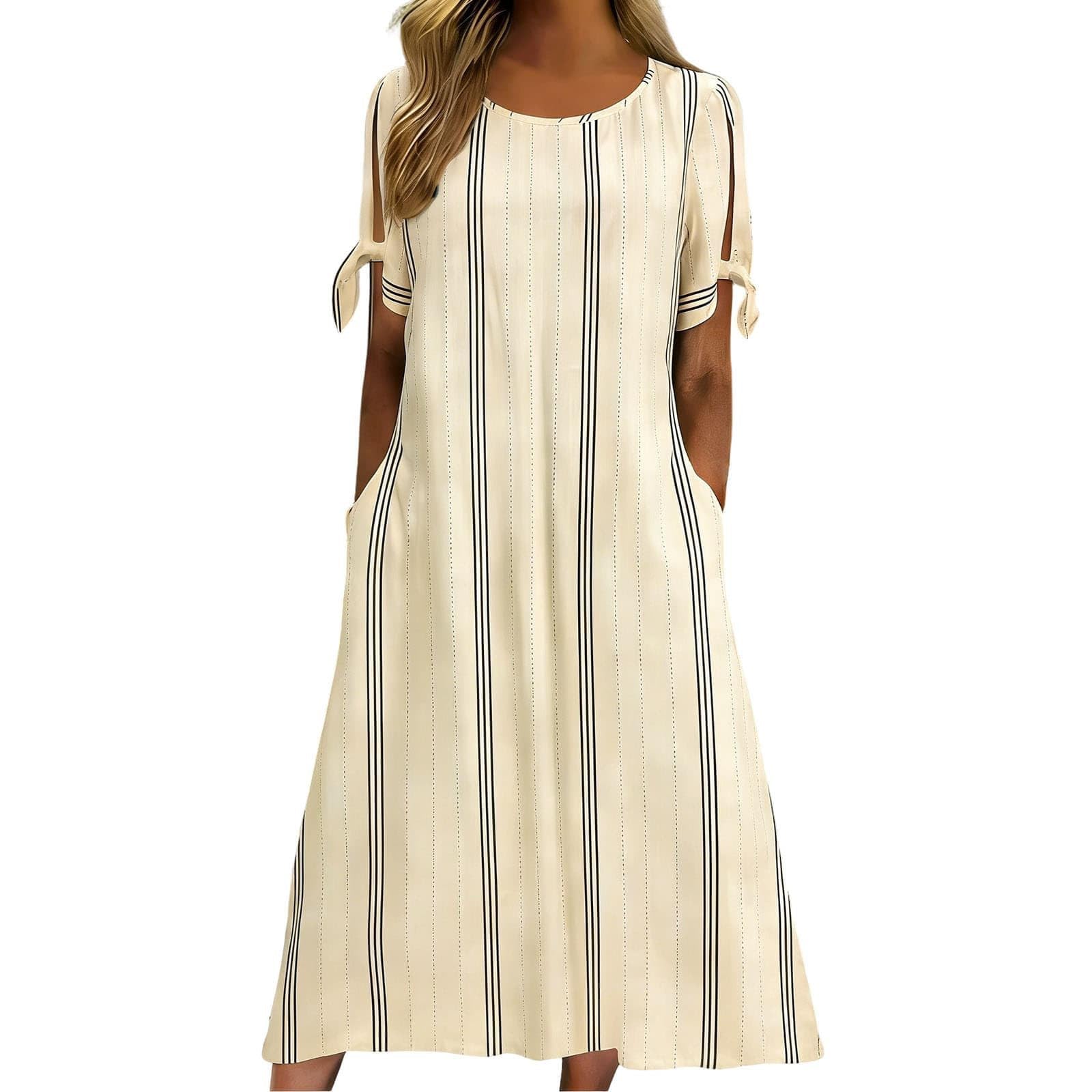 Summer Dress Abito Estivo da Donna, Lunghezza al Ginocchio, Stile Boho, Scollo Rotondo, Midi, con Tasche, Abito a Trapezio a Righe, Lunghezza al Ginocchio, Maniche Corte, Vestito Lungo Donna Elegante