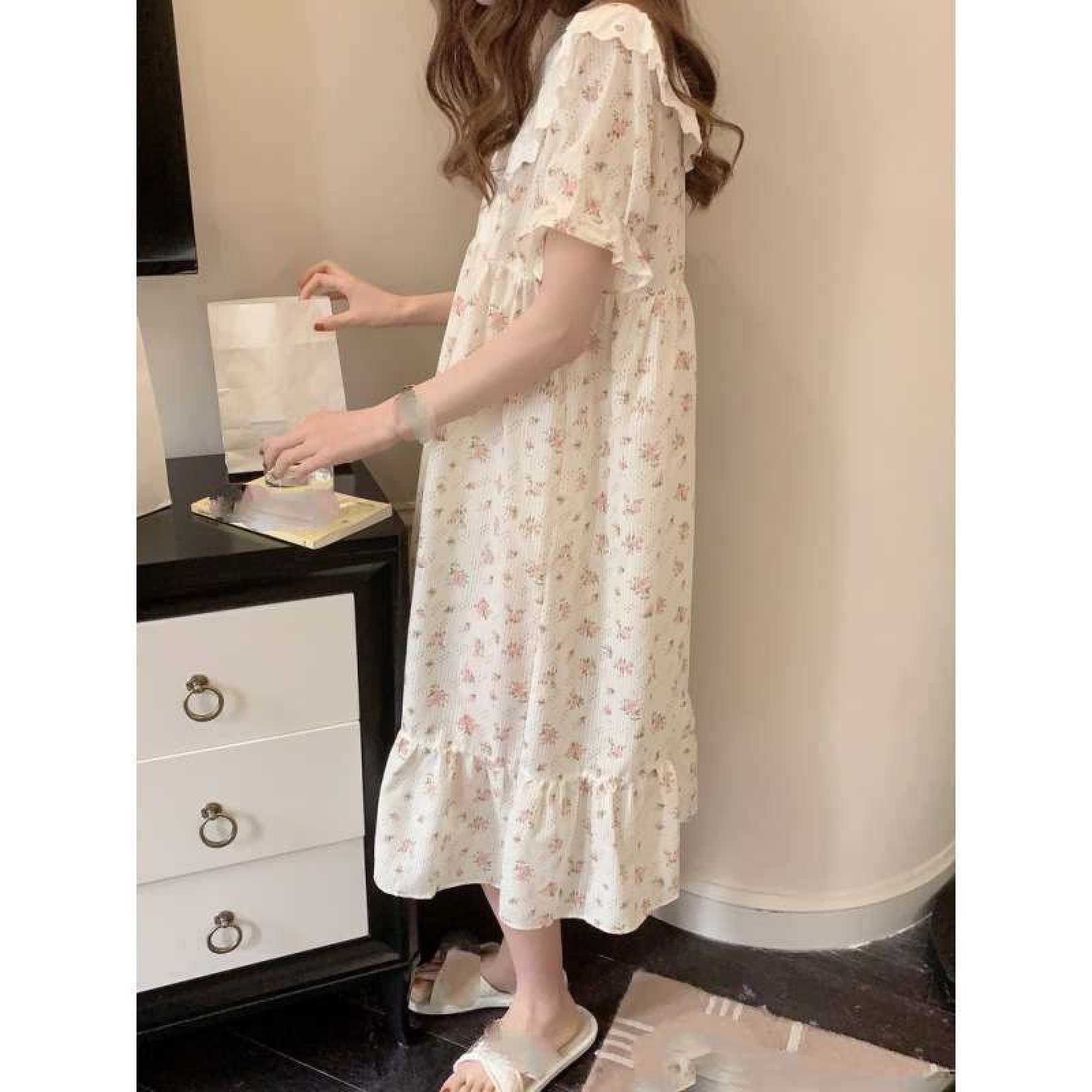 Kleines, Frisches Nachthemd-Pyjama Für Damen – Sommer, Süßer Blumendruck, Dünnes Maix-Kleid, Mädchen-Nachtwäsche, Homewear-Set Im Prinzessinnen-Stil, Modisches Kurzarm-Rüschen-Design, Langer